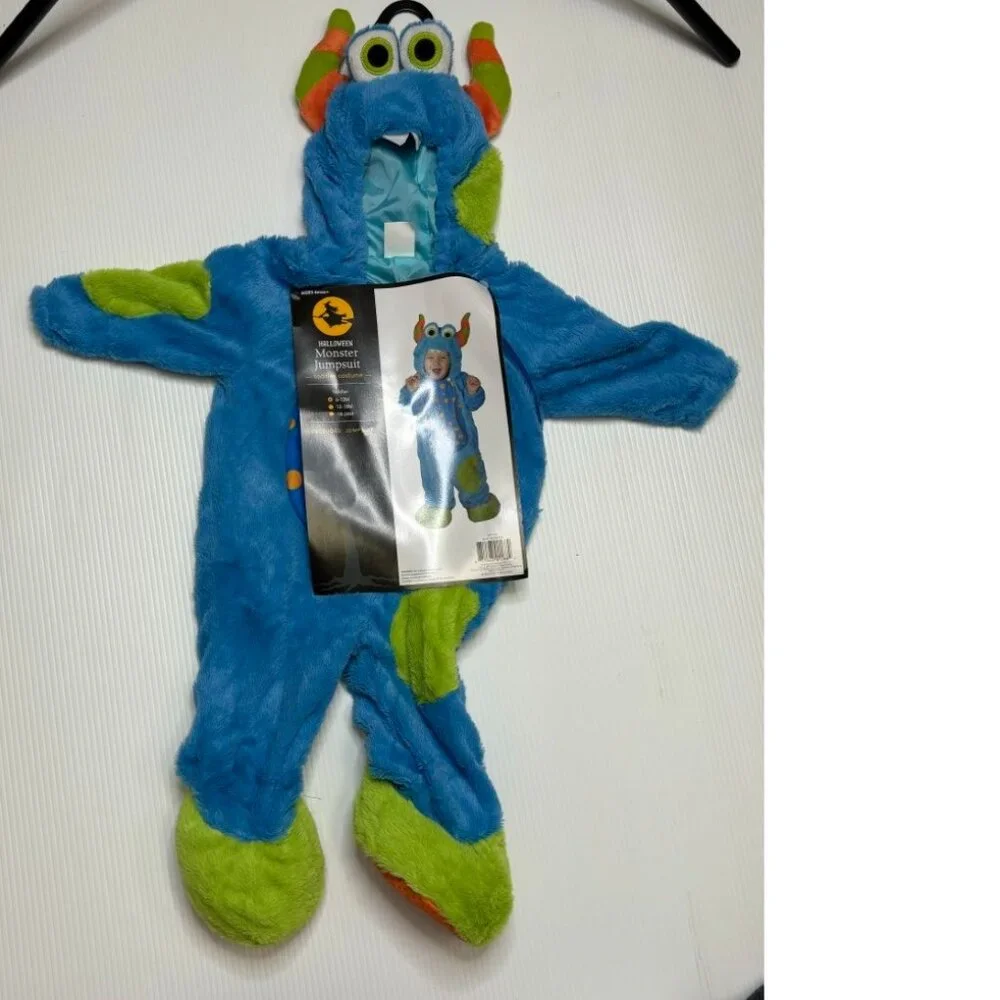 Blue Monster Halloween Costume 6/12 months Plush 1 Pc Hooded Footed Baby Infant